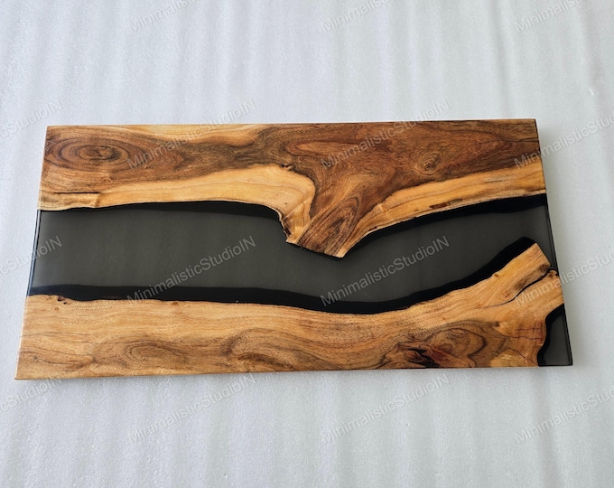 Handmade Acacia Wood River Table Top | Black Resin Accent