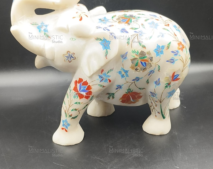 Handcrafted Marble Elephant Figurine | Pietra Dura Gemstone Inlay