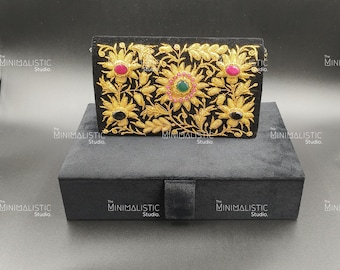 Black Velvet Zardozi Clutch | Gold Floral Gemstone Evening Bag