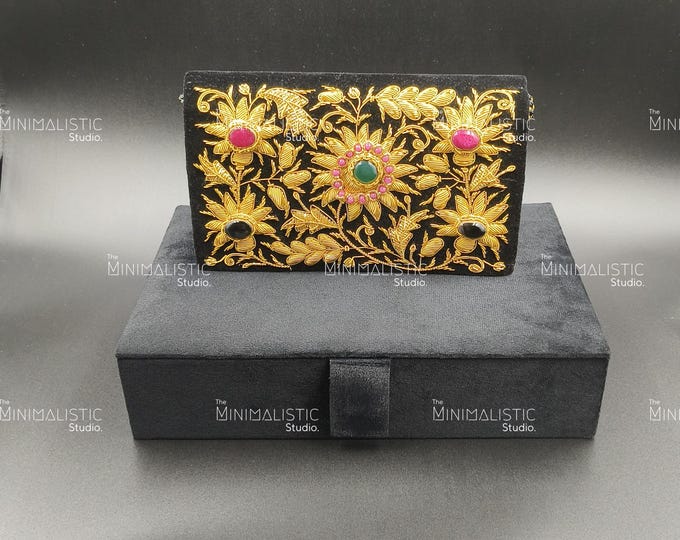 Black Velvet Zardozi Clutch | Gold Floral Gemstone Evening Bag