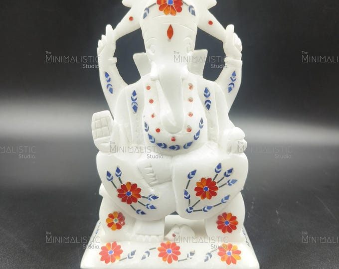 Handcrafted White Marble Ganesha Idol | Floral Inlay Hindu Statue