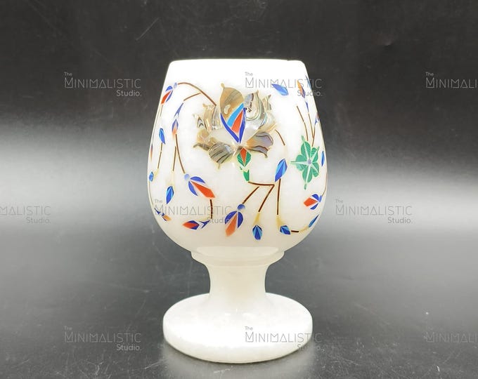 Handcrafted White Marble Goblet | Floral Inlay Decorative Chalice | Pietra Dura Mughal Art Table Accent