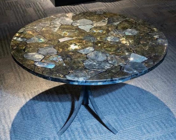 Round Labradorite Gemstone Table Top | Handmade Iridescent Crystal Mosaic Luxury | Coffee Dining Table | (Customisable)