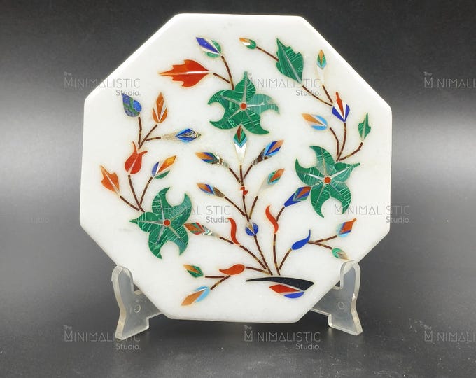 Floral Symphony on White Marble | Handmade Pietra Dura Inlay Plate