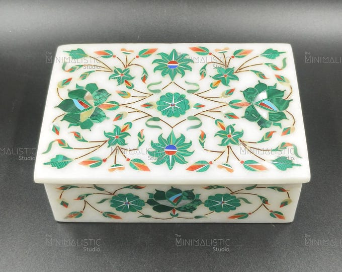 Handmade Green Floral Inlay Marble Jewelry Box | Mughal Art Keepsake