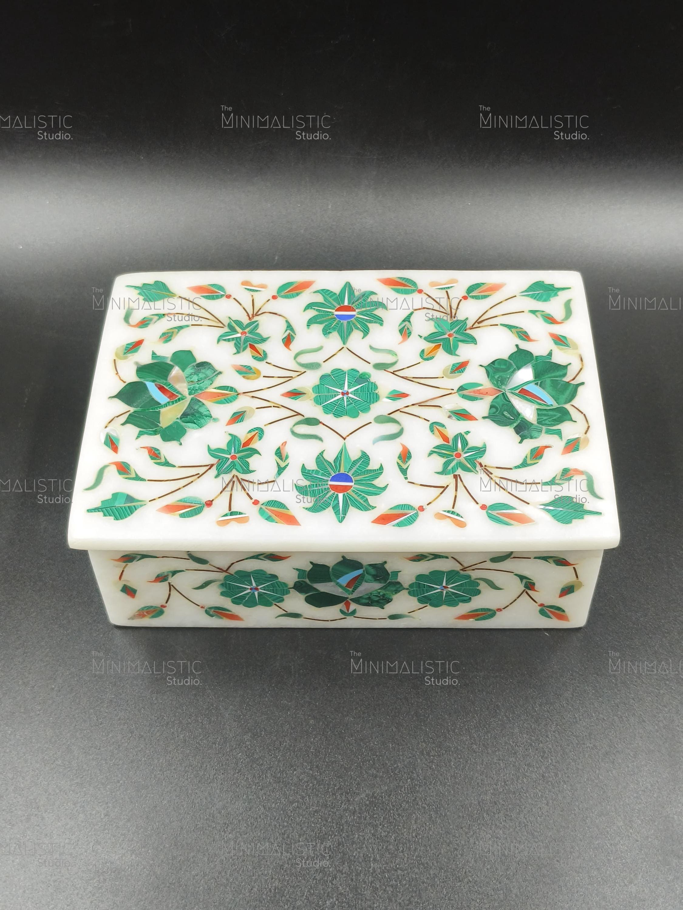 ハンドメイドのグリーンフローラル大理石象嵌ジュエリーボックス