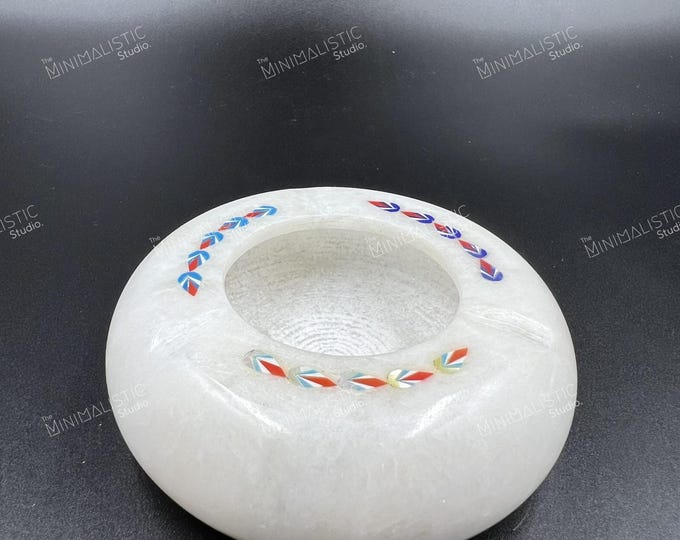 Handmade Makrana Marble Ashtray | Boho Floral Inlay Smoker Gift