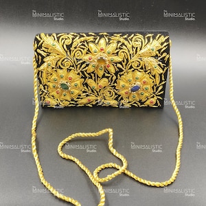 Zardozi Embroidered Clutch with Real Gemstones | 8x5&quot; | Multipurpose String | Velvet Gift Box | Handmade Luxury Bag