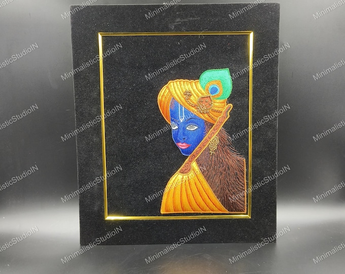 Krishna Zardozi Embroidery Art | Velvet Framed Indian Panel
