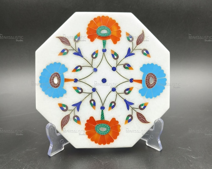 Octagonal Marble Inlay Plate | Handcrafted Mughal Floral Art