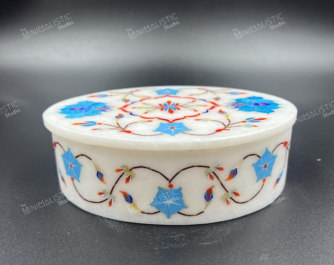 Floral Pietra Dura Marble Jewelry Box | Round Trinket Storage
