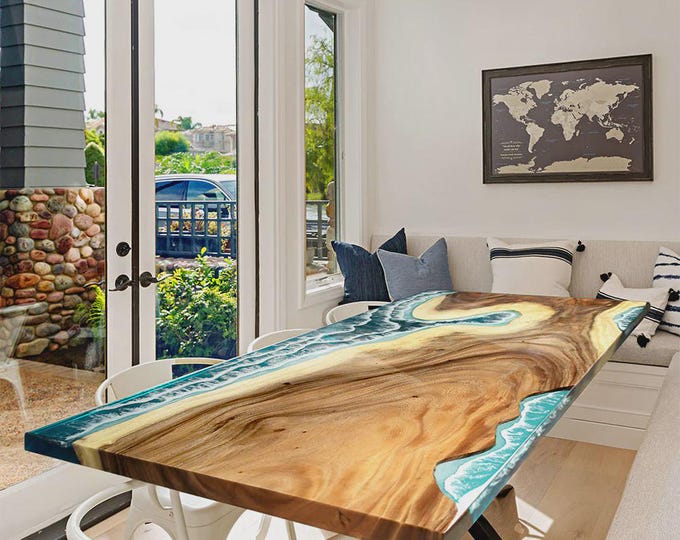 Epoxy Acacia Wood Table Top | Ocean Foam, Beach Art (Customizable)