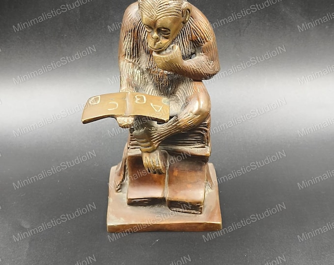 Handmade Golden Brass Monkey Statue | Reading Ape, Book Lover Gift