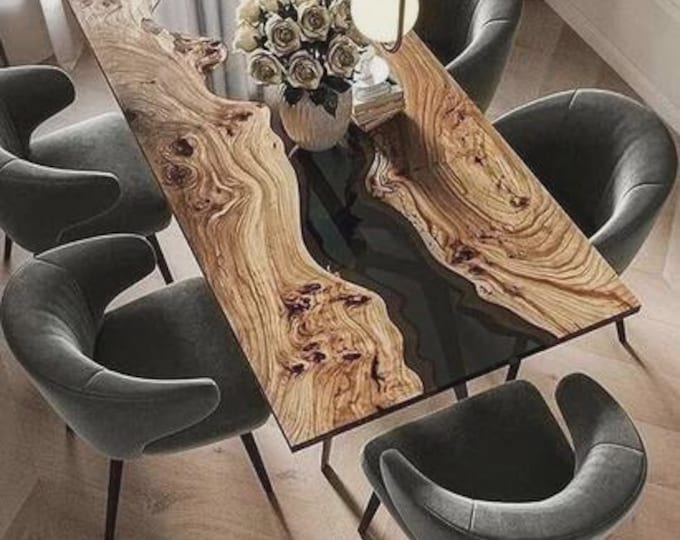 Handmade Black Epoxy River Acacia Table Top | Modern Dining