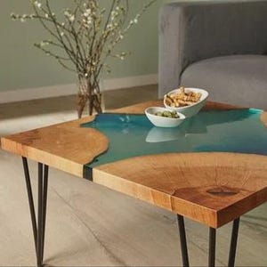 Square Blue Epoxy River Acacia Wood Table Top | Live Edge Coffee Table | Side Table Top | (Customizable)