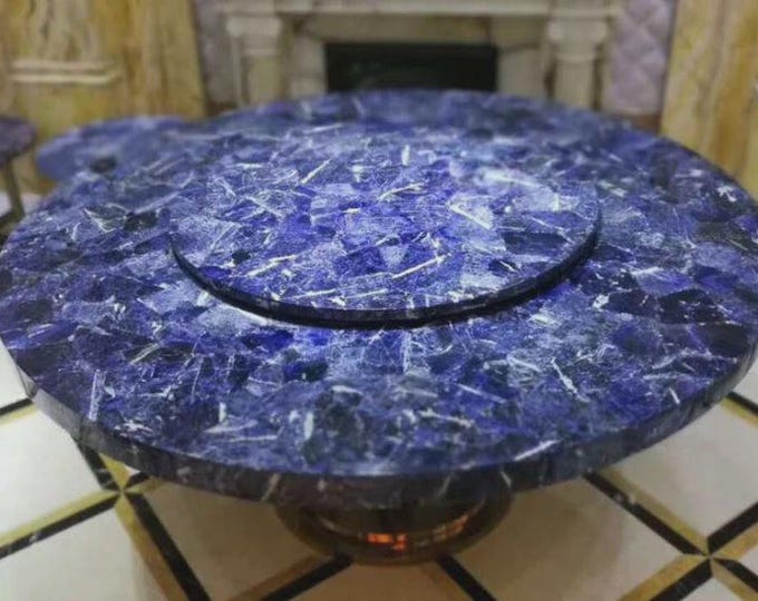 Round Sodalite Stone Table Top | Blue Gem Centerpiece (Customizable)