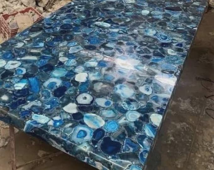 Handmade Blue Agate Table Top | Luxury Gemstone Mosaic Decor