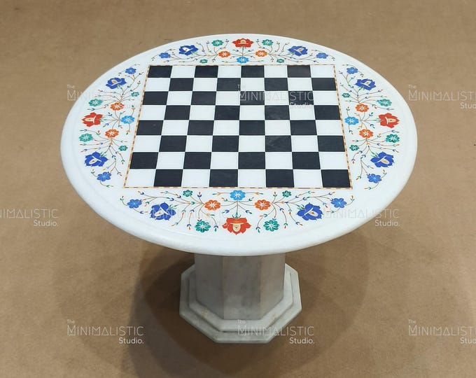 Marble Chess Table Top with Real Gemstone Inlay  |  Floral Pietra Dura Work ( Customisable )