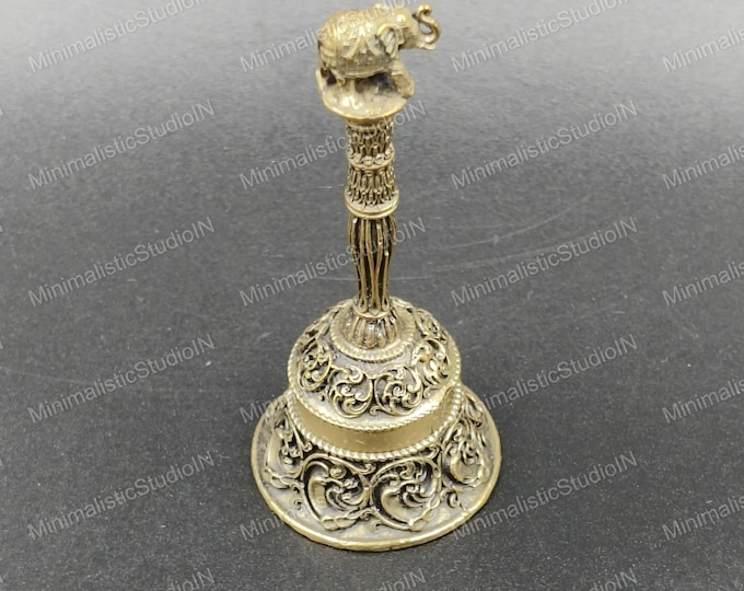 Golden Brass Bell 3.3 Inch | Ornate Vintage Decor | Handmade Gift | Puja Prayer Bell | Indian Folk Art