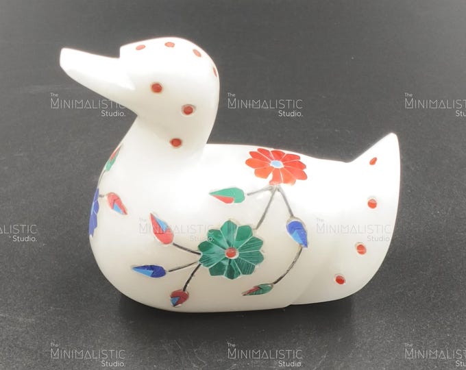 Marble Duck Figurine | Gemstone Floral Inlay, Indian Decor