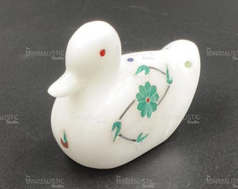 Handmade Makrana Marble Bunny Figurine | Gemstone Floral Inlay