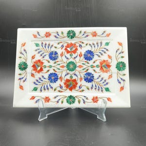 Handmade Marble Inlay Tray – Floral Pietra Dura Plate for Wall or Table Decor – White Marble with Stone Art