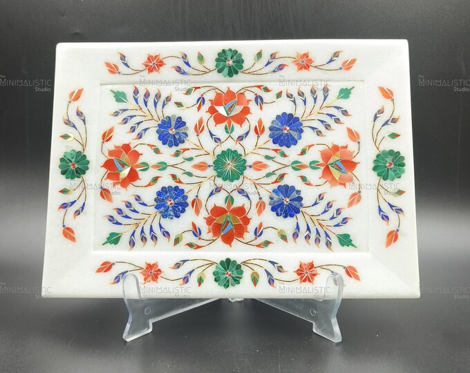 Handmade Marble Inlay Tray – Floral Pietra Dura, Mughal Decor