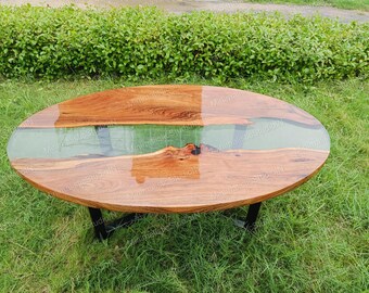 楕円形アカシア材クリアエポキシ樹脂製リバーコーヒーテーブルトップ｜透明樹脂製トップ｜（カスタマイズ可能）