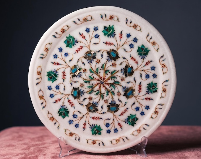 Round Marble Tray | Gemstone Inlay Decorative Plate | 12 Inch