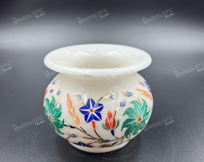 Handmade Marble Matka Pot | Floral Inlay Indian Decor