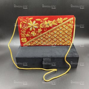 Red Zardozi Gemstone Clutch 10&quot;x6&quot; | Gold Floral Embroidery | Real Stone Purse | Velvet Gift Box | Sling/Handle | Custom Order