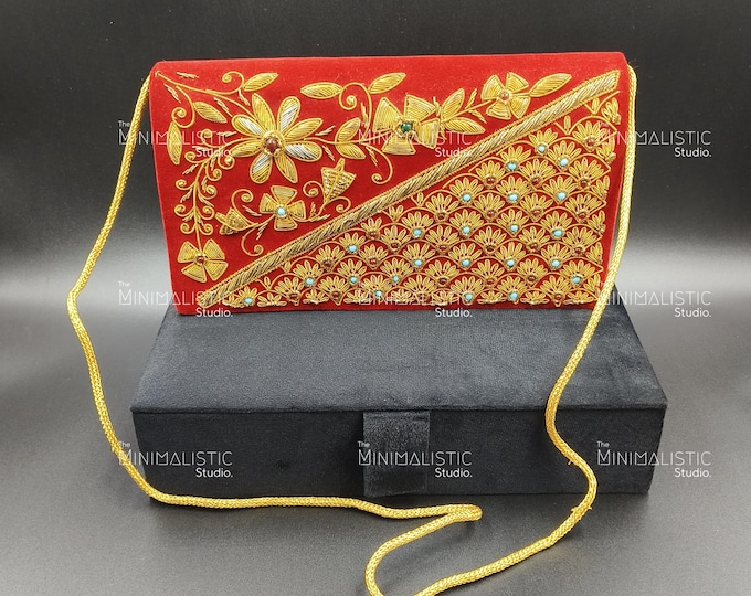 Red Velvet Zardozi Clutch | Floral Gemstone Embroidery, Handmade