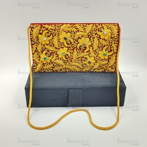 Handmade Zardozi Gold Gemstone Clutch 10&quot;x6&quot; | Red Velvet Purse | Embroidered Floral Bag | Gift Box | Sling/Handle | Customizable