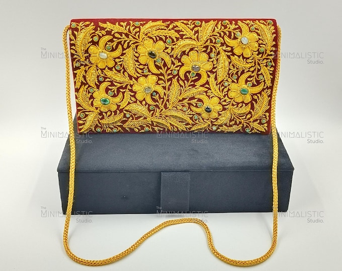 Handmade Zardozi Red Velvet Clutch | Embroidered Gemstone Floral Bag
