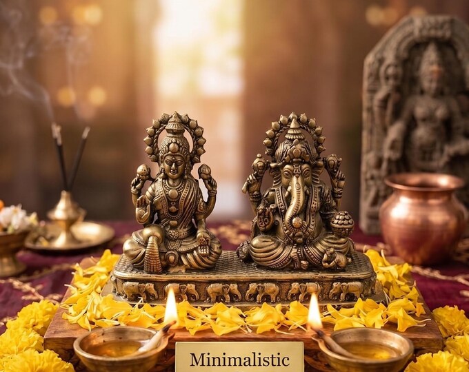Lord Lakshmi and Ganesha Brass Statue | 4x3 Inch Handmade Spiritual Idol