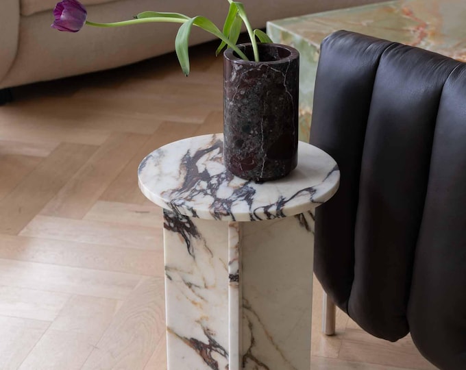 Calacatta Viola Marble Round Side Table | With X Shape Legs | Handmade End Table | (Customisable)