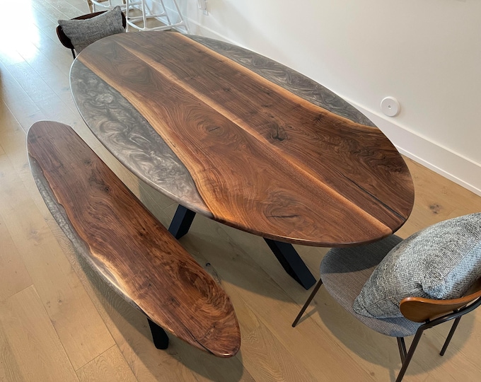 Acacia Wood Dining Table Top | Silver Mist Epoxy River Design (Customizable)