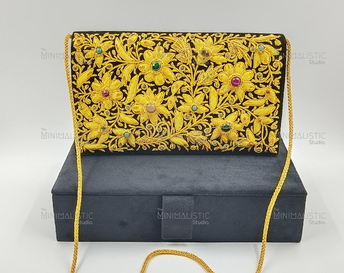 Handmade Black Velvet Zardozi Clutch | Gold Gemstone Floral Sling