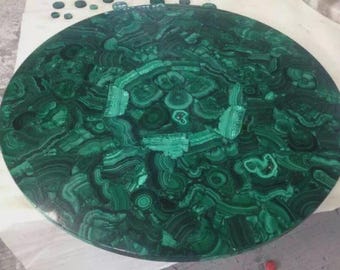Round Malachite Table Top |  Green Gemstone Crystal Art, Designer Accent Dining Coffee Table | (Customisable)