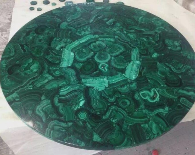 Round Malachite Table Top |  Green Gemstone Crystal Art, Designer Accent Dining Coffee Table | (Customisable)