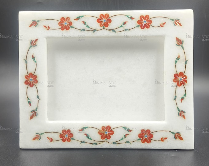 Handmade Marble Photo Frame | Pietra Dura Floral Inlay, Indian Decor