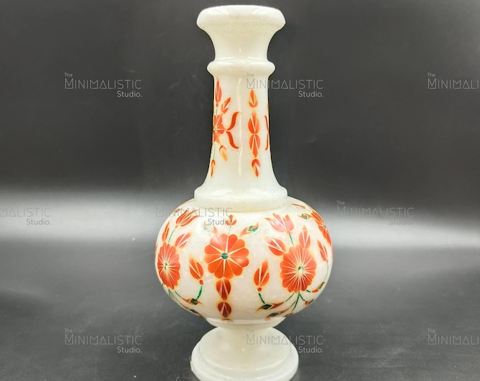 Handcrafted White Marble Floral Inlay Vase | Pietra Dura Indian Decor | Elegant Table Centerpiece & Gift