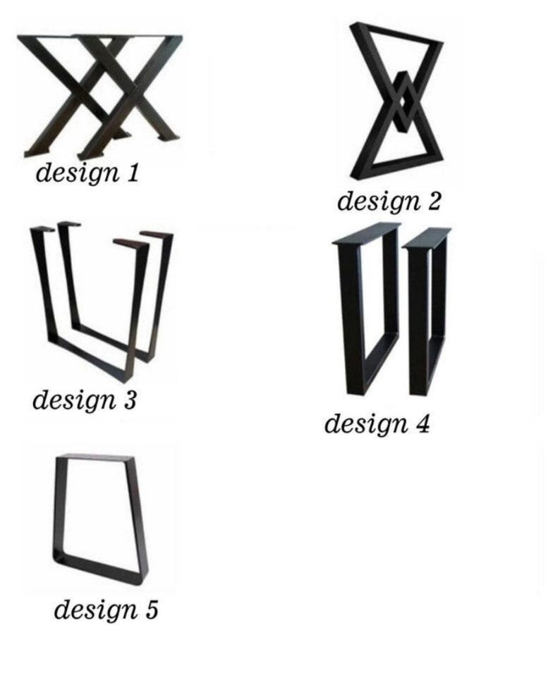 Op de afbeelding: Vijf verschillende ontwerpen voor zwarte metalen tafelpoten worden getoond tegen een witte achtergrond. De ontwerpen zijn genummerd van 1 tot en met 5. Ontwerp 1 is een X-vormige basis. Ontwerp 2 is een V-vormige basis met een ruit in het midden. Ontwerpen 3, 4 en 5 zijn U-vormig en schuin.