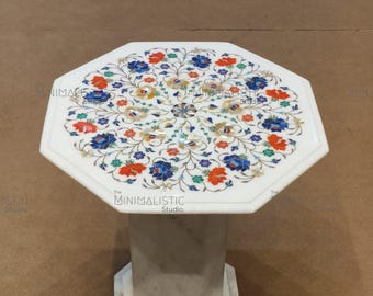 Florale Marmor Tischplatte | Achteckiges Pietra Dura Inlay, 18x18