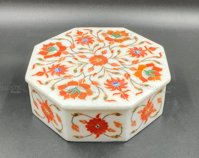 Handmade Marble Inlay Box – Octagonal Pietra Dura Floral Trinket Box