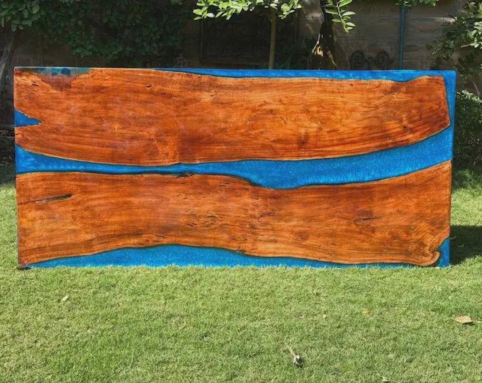 Acacia Wood Blue Epoxy River Table Top | Rustic Live Edge (Customisable)