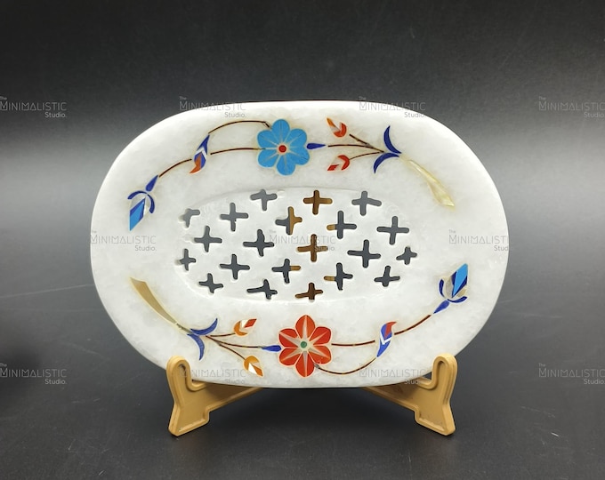 Handmade Marble Soap Dish | Floral Gemstone Inlay, Jali Carved
