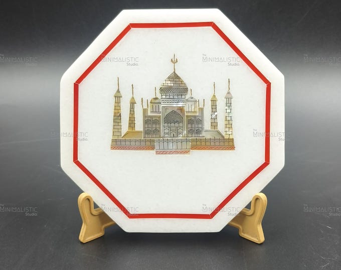Taj Mahal Marble Inlay Plate | Octagonal White Marble Home Decor | Handmade Indian Craft
