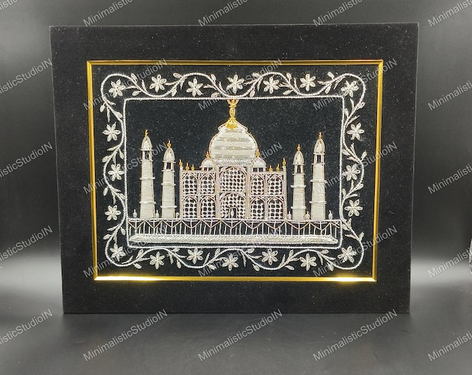 Taj Mahal Zardozi Embroidery Art | Black Velvet Frame, Indian Decor