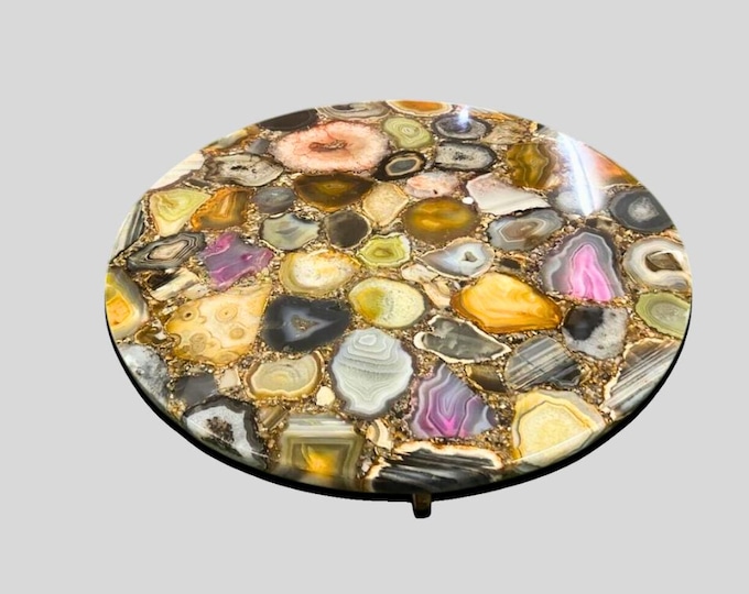 Round Multi-Colour Agate Table Top | Vibrant Gemstone Modern Coffee Dining Table | (Customisable)